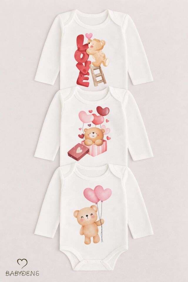 3’lü Bebek Body Seti %100 Pamuk Uzun Kollu Sevgili Temalı Ayıcık Baskılı Yenidoğan,Bebek Body Zıbın