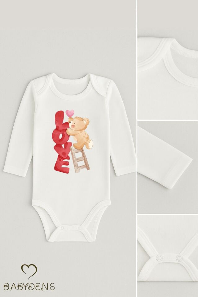 3’lü Bebek Body Seti %100 Pamuk Uzun Kollu Sevgili Temalı Ayıcık Baskılı Yenidoğan,Bebek Body Zıbın