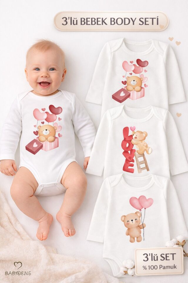3’lü Bebek Body Seti %100 Pamuk Uzun Kollu Sevgili Temalı Ayıcık Baskılı Yenidoğan,Bebek Body Zıbın