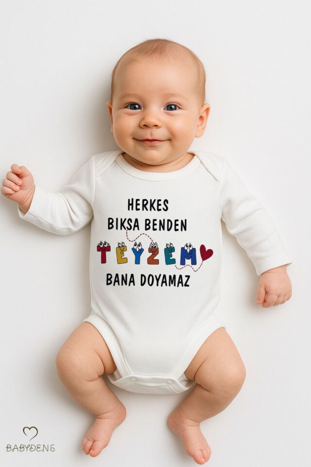 “Herkes Bıksa Benden Teyzem Bana Doyamaz” Yazılı Uzun Kollu Bebek Zıbını Unisex Çıtçıtlı Body