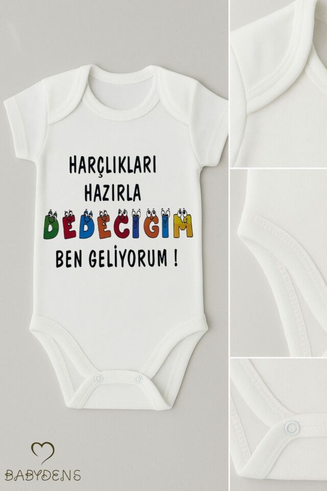 Harçlıkları Hazırla Dedeciğim Ben Geliyorum Yazılı Çıtçıtlı Bebek Body Tulum Zıbın | %100 Pamuk