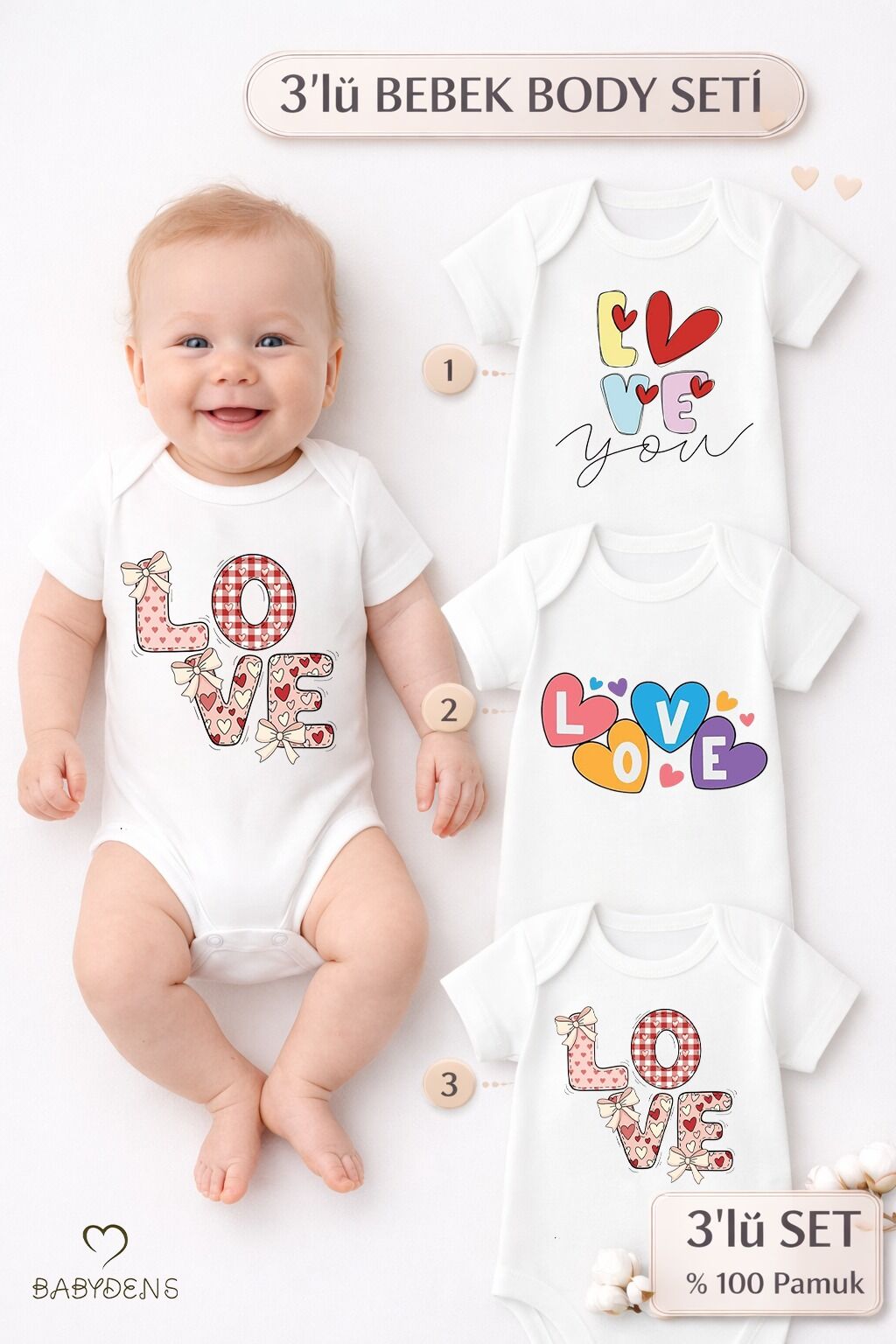 Love Baskılı 3’lü Bebek Body Seti %100 Pamuk – Kısa Kollu Çıtçıtlı Yenidoğan & Bebek Zıbın (0-24 Ay)