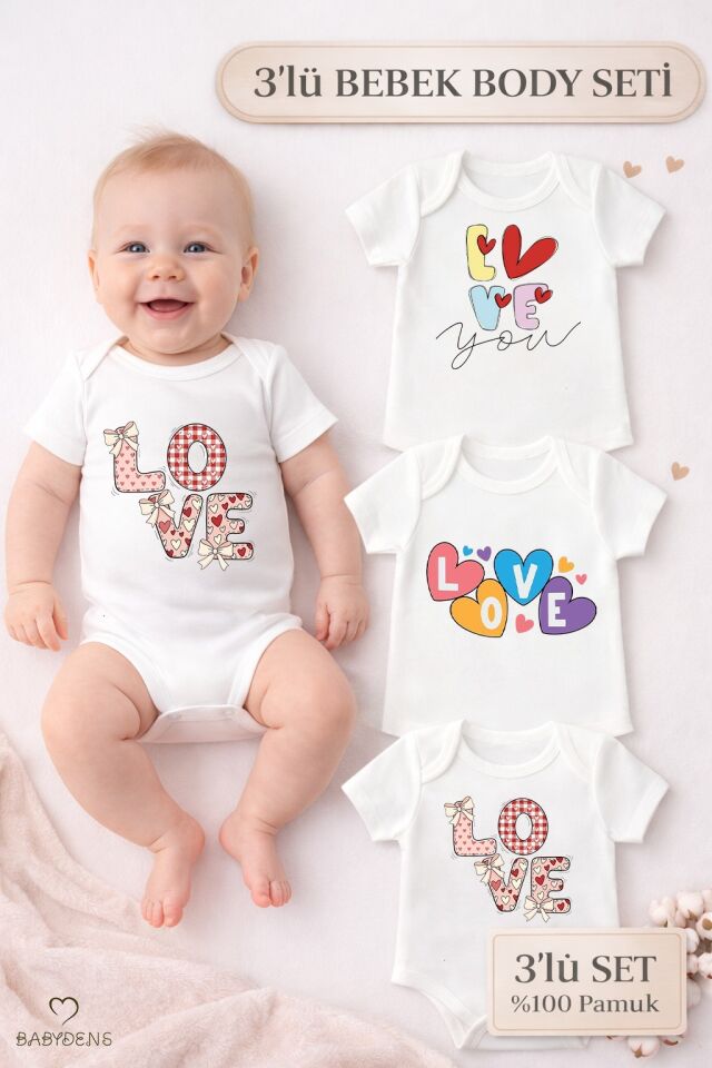 Love Baskılı 3’lü Bebek Body Seti %100 Pamuk – Kısa Kollu Çıtçıtlı Yenidoğan & Bebek Zıbın (0-24 Ay)
