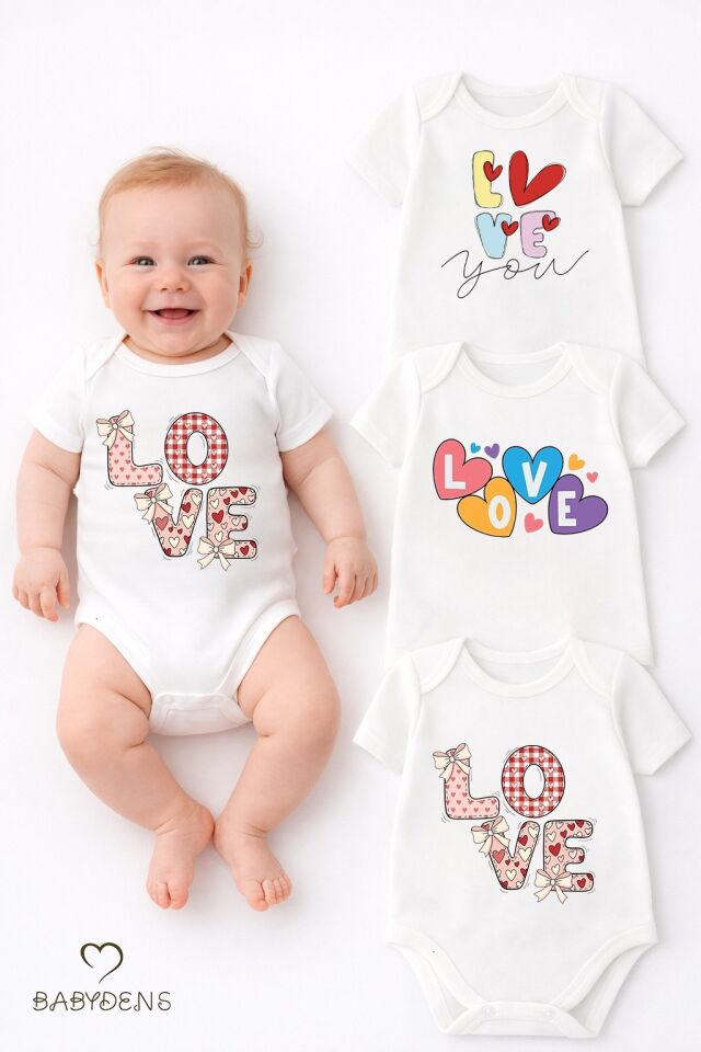Love Baskılı 3’lü Bebek Body Seti %100 Pamuk – Kısa Kollu Çıtçıtlı Yenidoğan & Bebek Zıbın (0-24 Ay)