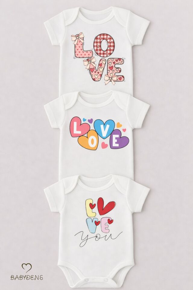 Love Baskılı 3’lü Bebek Body Seti %100 Pamuk – Kısa Kollu Çıtçıtlı Yenidoğan & Bebek Zıbın (0-24 Ay)