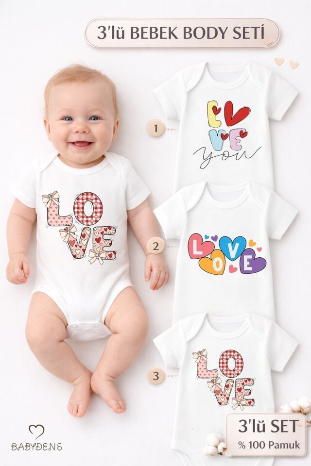 Love Baskılı 3’lü Bebek Body Seti %100 Pamuk – Kısa Kollu Çıtçıtlı Yenidoğan & Bebek Zıbın (0-24 Ay)