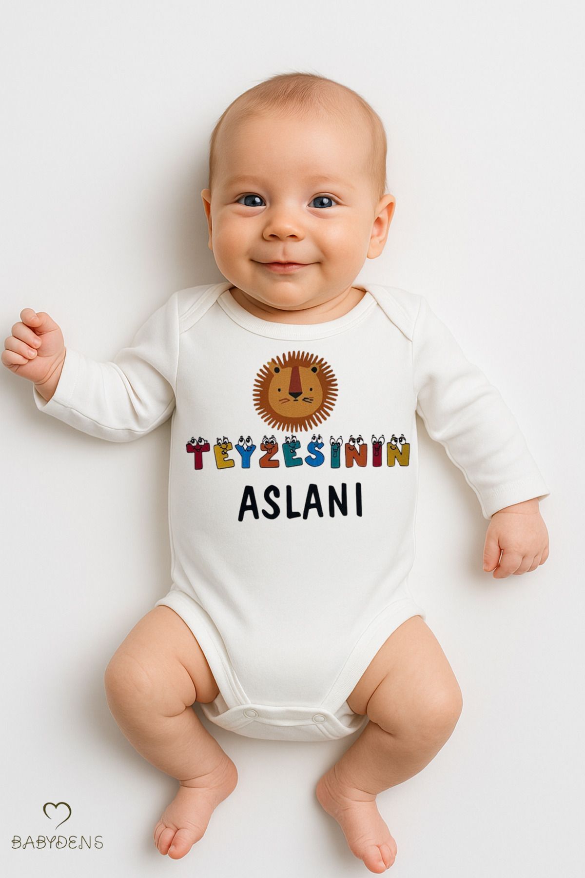 Teyzesinin Aslanı Yazılı Bebek Zıbını %100 Pamuk Unisex Uzun Kollu Body 0-24 Ay Çıtçıtlı Body
