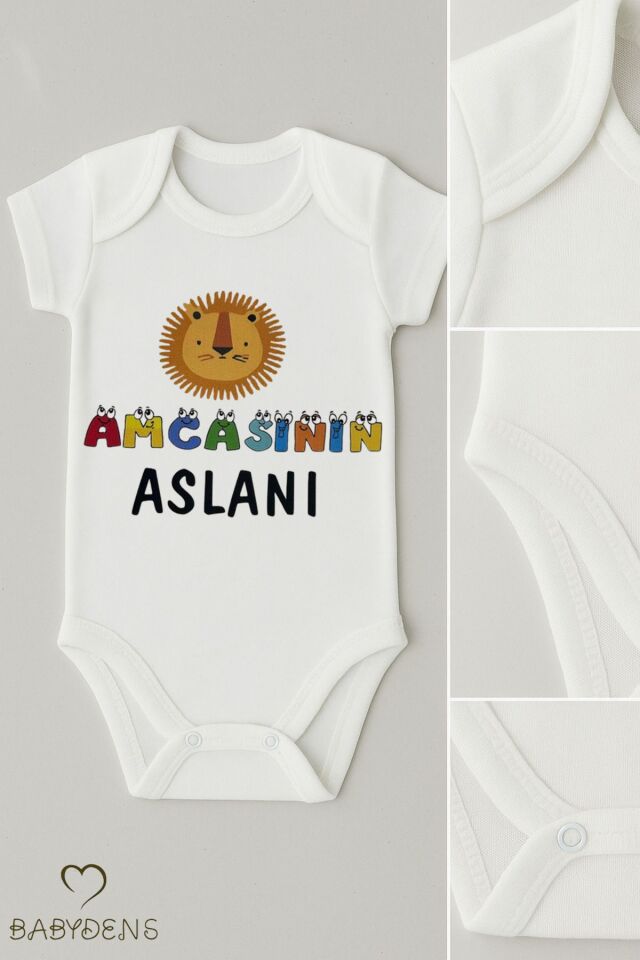 Amcasının Aslanı Yazılı Çıtçıtlı Bebek Zıbını | Erkek Bebek %100 Pamuklu Kısa Kollu Body 0-3Ay- 24Ay