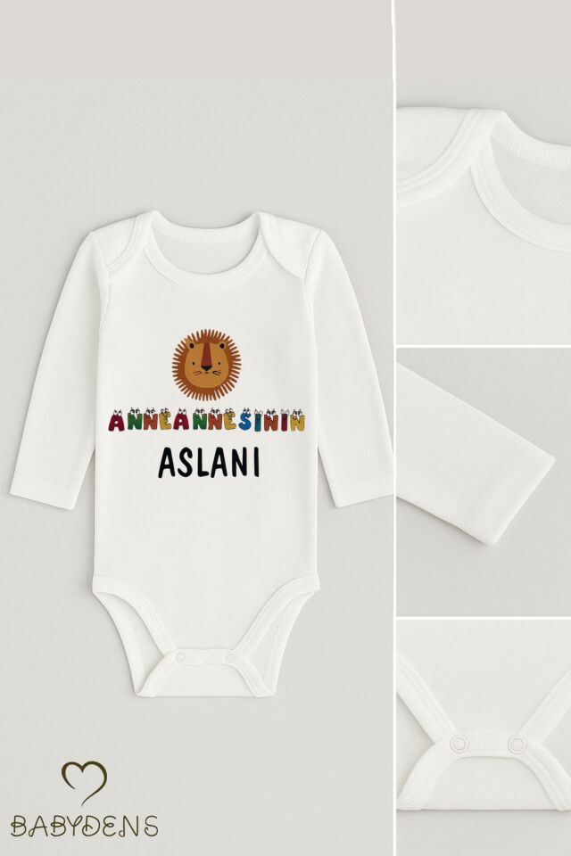 “Anneannesinin Aslanı” Yazılı,Uzun Kollu Bebek Body Aslan Baskılı, %100 Pamuk,Çıtçıtlı Zıbın 0-24 Ay
