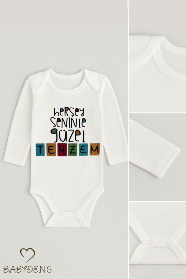 Her Şey Teyzesiyle Güzel Yazılı Bebek Zıbını Uzun Kollu %100Pamuk Unisex Body 0-24 Ay Çıtçıtlı Body