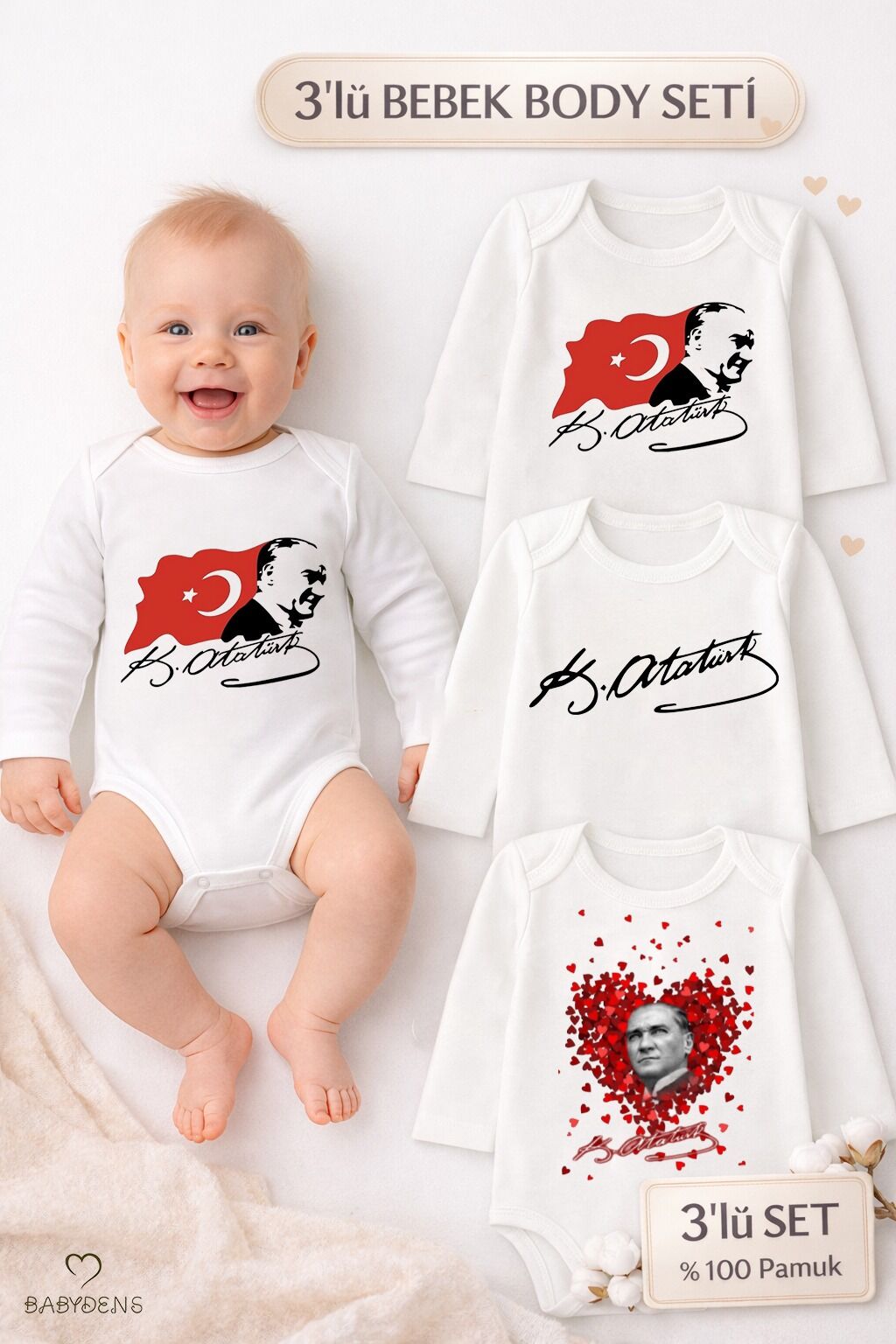 Atatürk Temalı 3’lü Bebek Body Seti | %100 Pamuk | Uzun Kollu Çıtçıtlı Zıbın Body