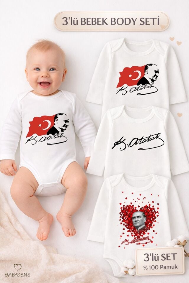 Atatürk Temalı 3’lü Bebek Body Seti | %100 Pamuk | Uzun Kollu Çıtçıtlı Zıbın Body