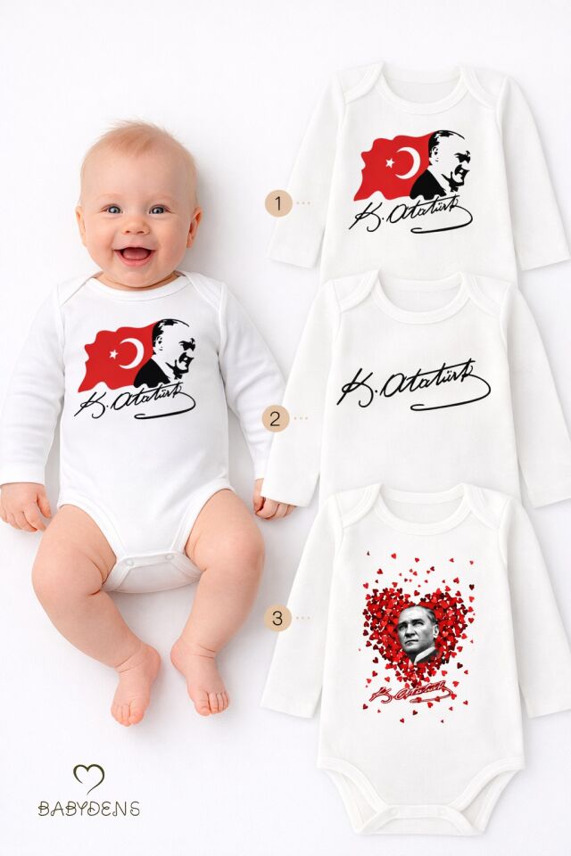 Atatürk Temalı 3’lü Bebek Body Seti | %100 Pamuk | Uzun Kollu Çıtçıtlı Zıbın Body