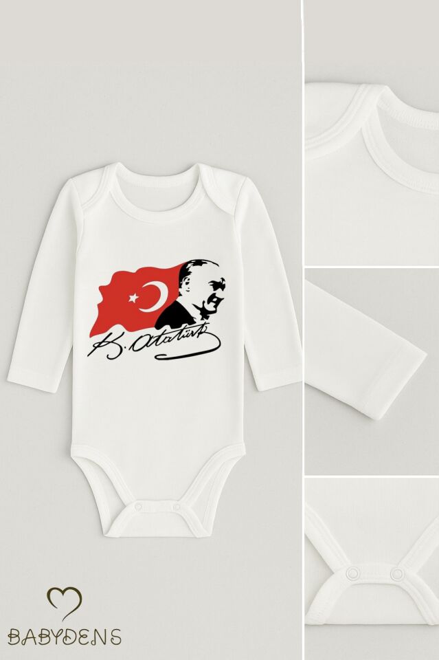 Atatürk Temalı 3’lü Bebek Body Seti | %100 Pamuk | Uzun Kollu Çıtçıtlı Zıbın Body