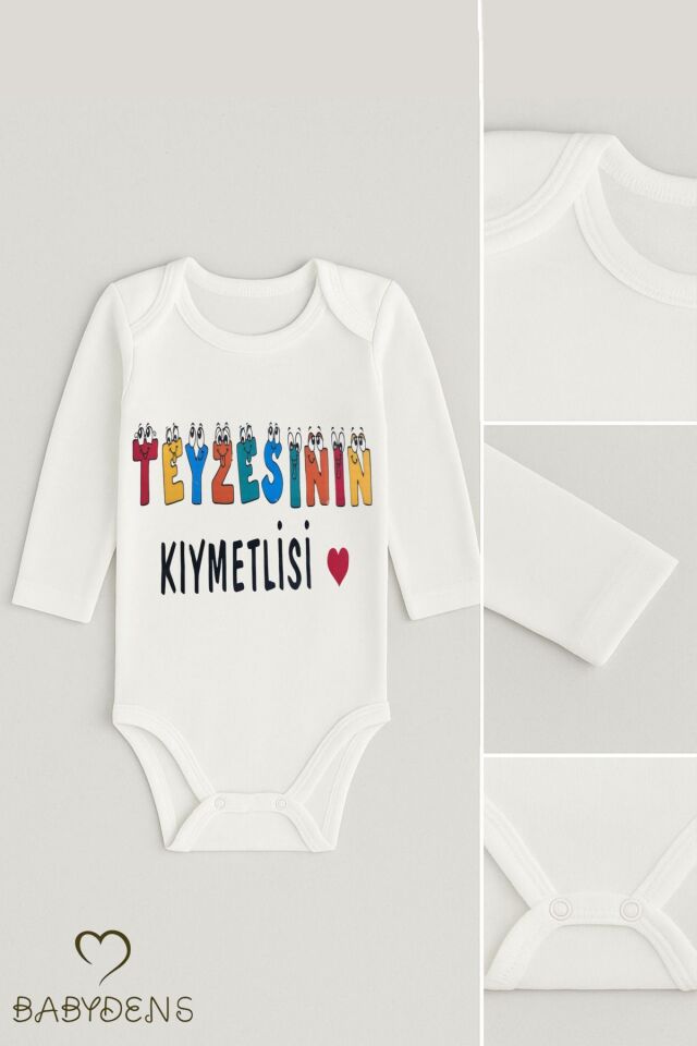 Teyzesinin Kıymetlisi Yazılı Bebek Zıbını Uzun Kollu %100 Pamuk Çıtçıtlı Body 0-24 Ay Unisex Zıbın