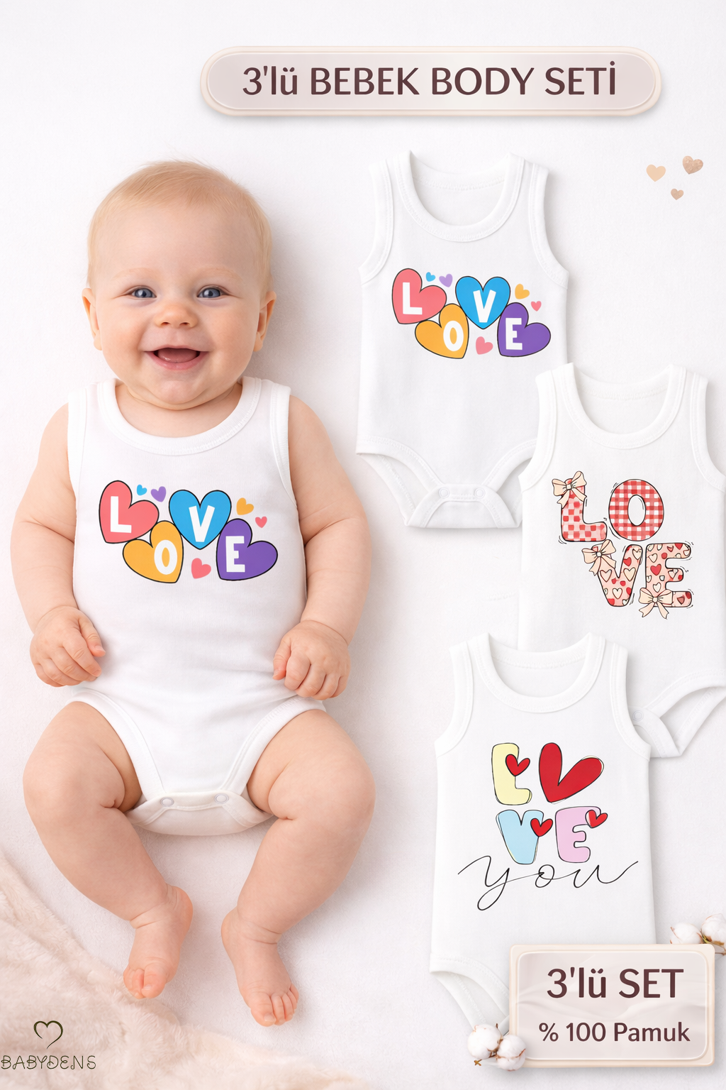 3’lü Bebek Body Seti %100 Pamuk | Love Baskılı Atlet Body | Yenidoğan & Bebek İç Giyim | 0-24 Ay