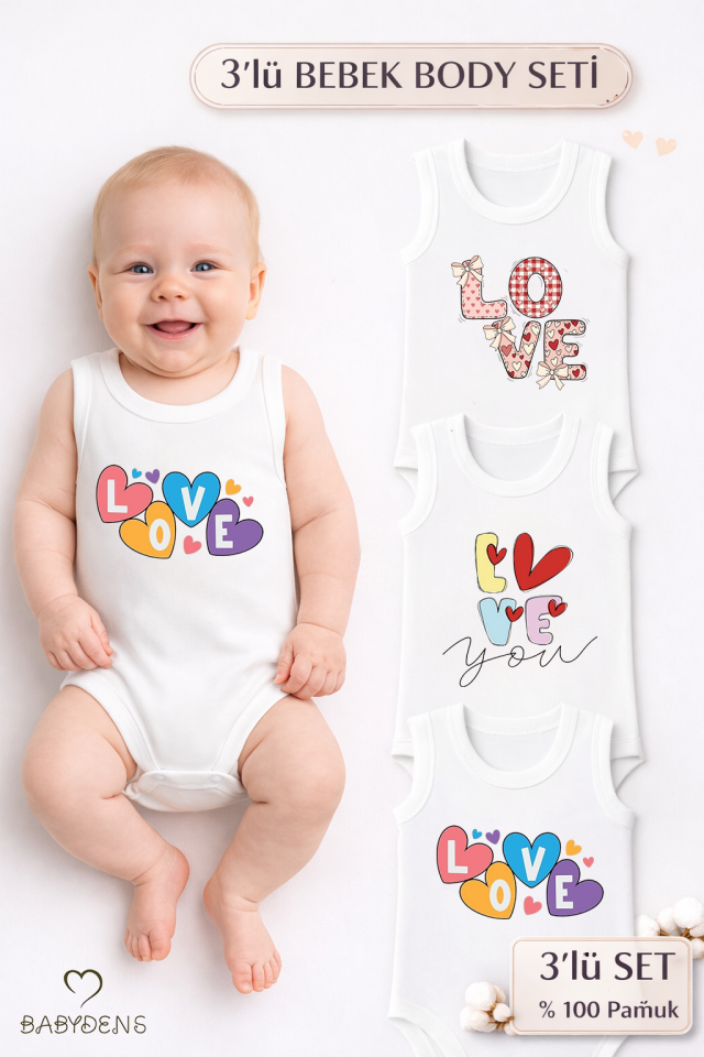 3’lü Bebek Body Seti %100 Pamuk | Love Baskılı Atlet Body | Yenidoğan & Bebek İç Giyim | 0-24 Ay