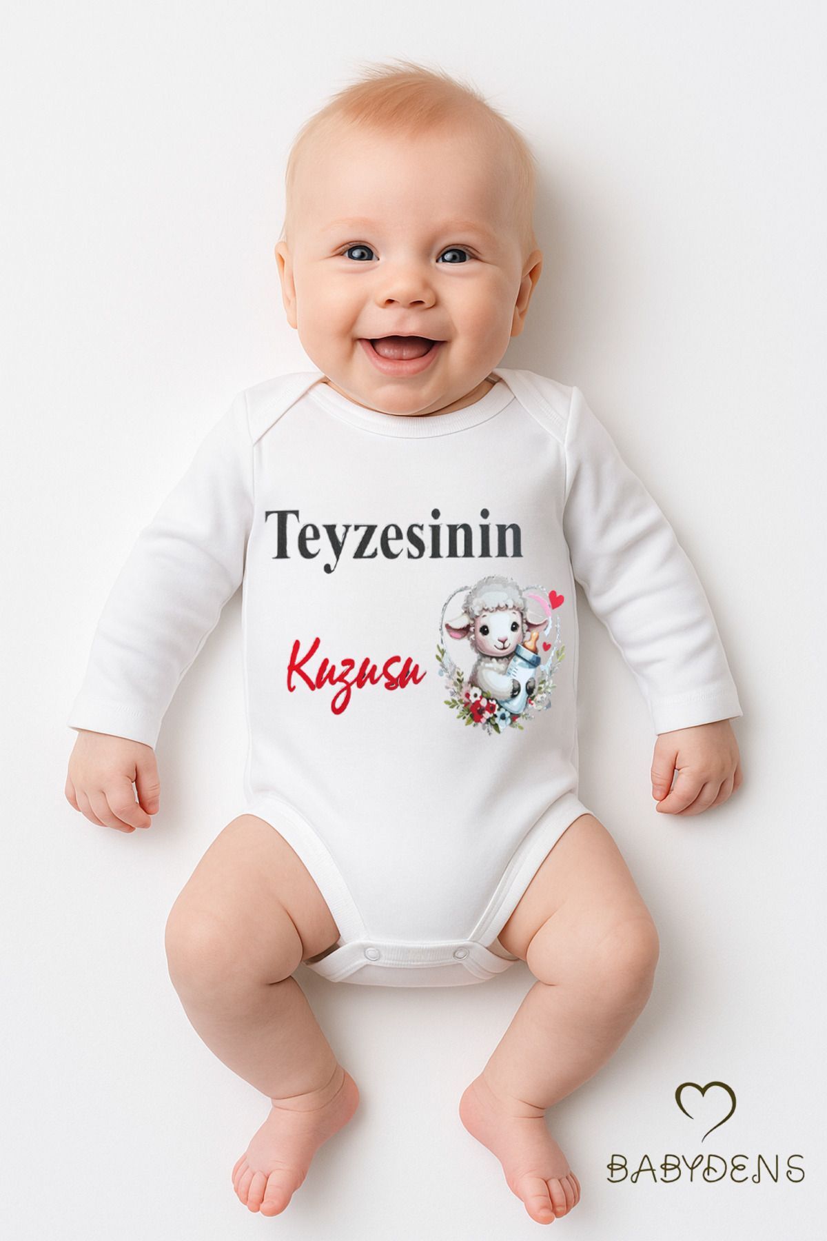Teyzesinin Kuzusu Yazılı Bebek Zıbını %100 Pamuk Unisex Uzun Kollu Body 0-24 Ay Çıtçıtlı Bebek Body