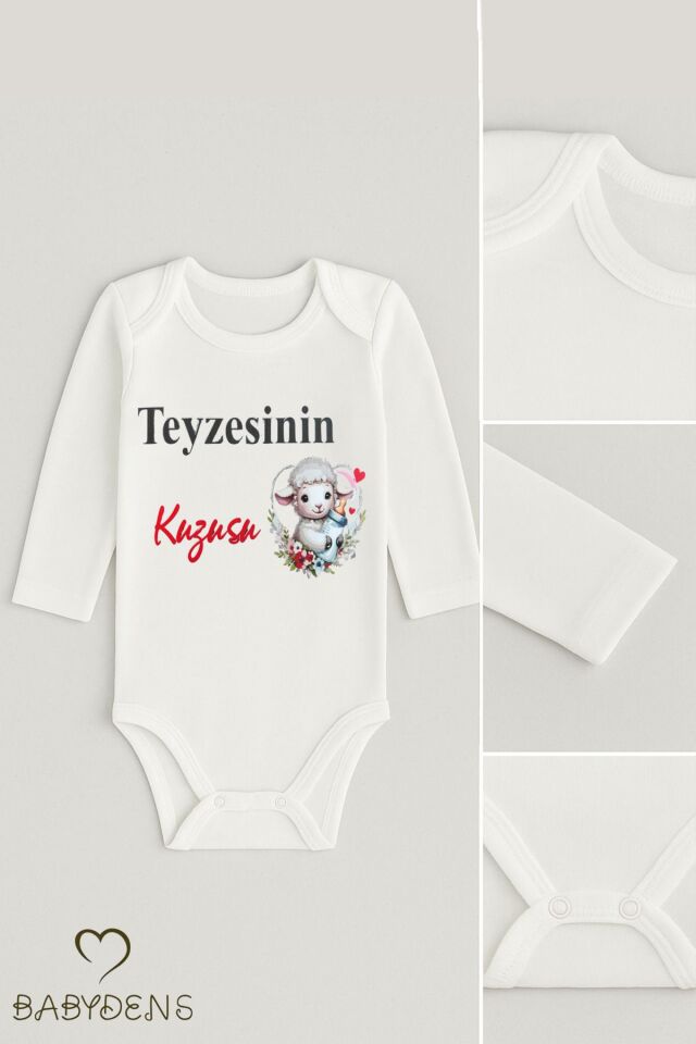 Teyzesinin Kuzusu Yazılı Bebek Zıbını %100 Pamuk Unisex Uzun Kollu Body 0-24 Ay Çıtçıtlı Bebek Body