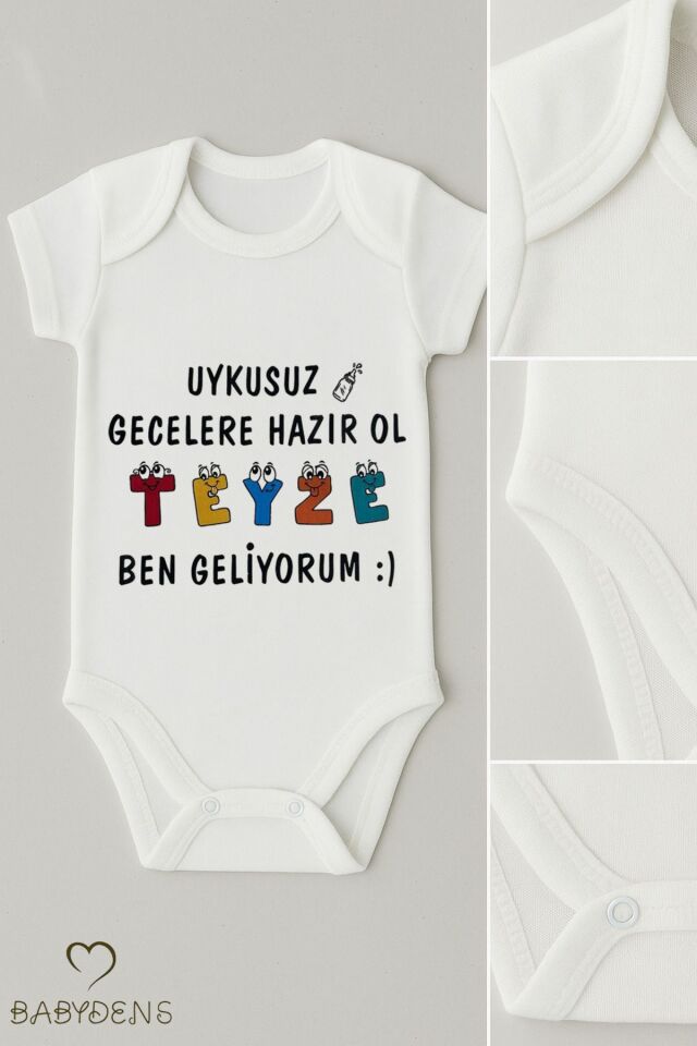 Uykusuz Gecelere Hazır Ol Teyze Yazılı %100 Pamuk Çıtçıtlı Bebek Zıbını |Kısa Kollu Body