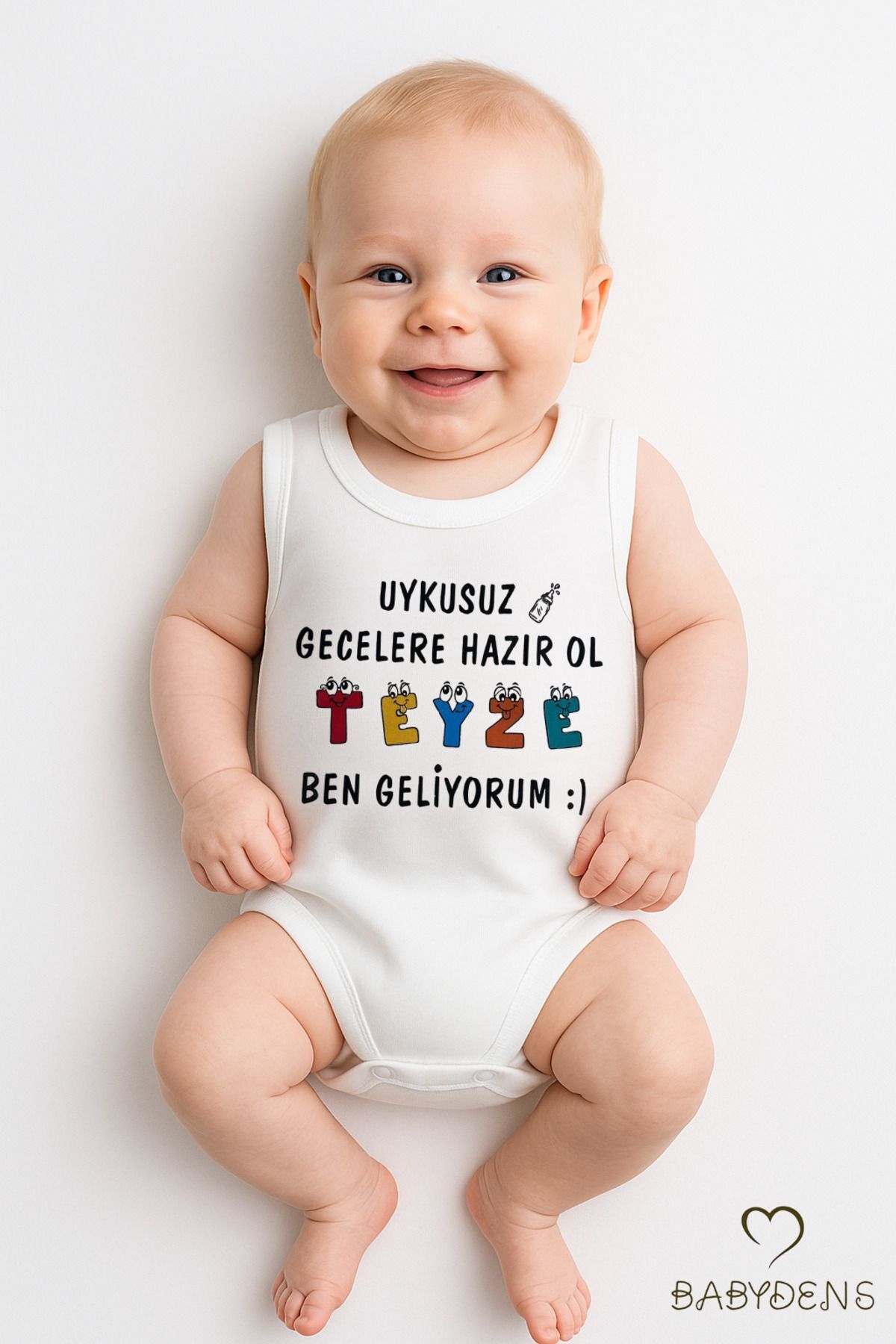 Uykusuz Gecelere Hazır Ol Teyze Ben Geliyorum Yazılı %100 Pamuk Kolsuz Bebek Body Zıbın Tulum