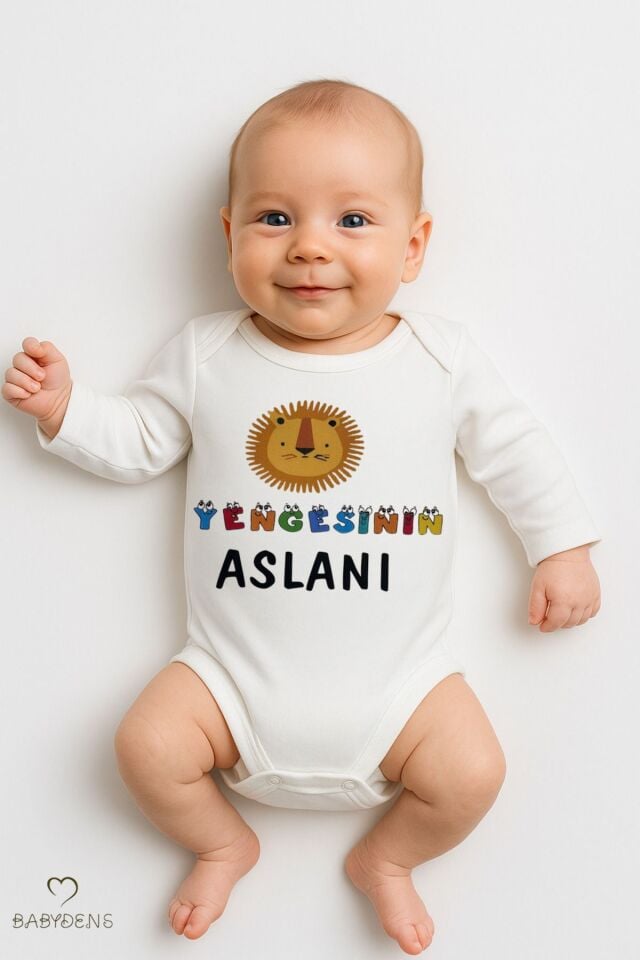 Yengesinin Aslanı Yazılı Bebek Zıbını % 100 Pamuk Unisex Uzun Kollu Çıtçıtlı Body 0-24 Ay Zıbın
