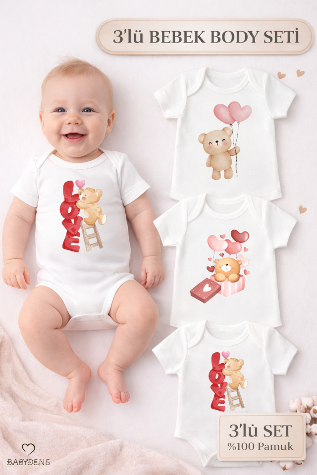 3’lü Bebek Body Seti %100 Pamuk Sevimli Ayıcık Baskılı Kısa Kollu Çıtçıtlı Zıbın Yenidoğan Body