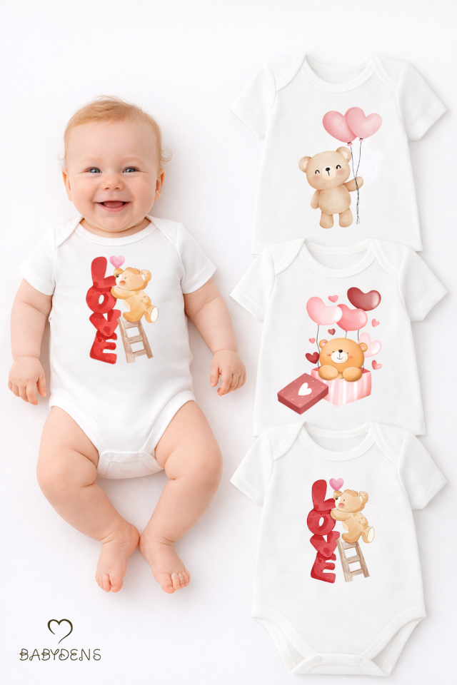 3’lü Bebek Body Seti %100 Pamuk Sevimli Ayıcık Baskılı Kısa Kollu Çıtçıtlı Zıbın Yenidoğan Body