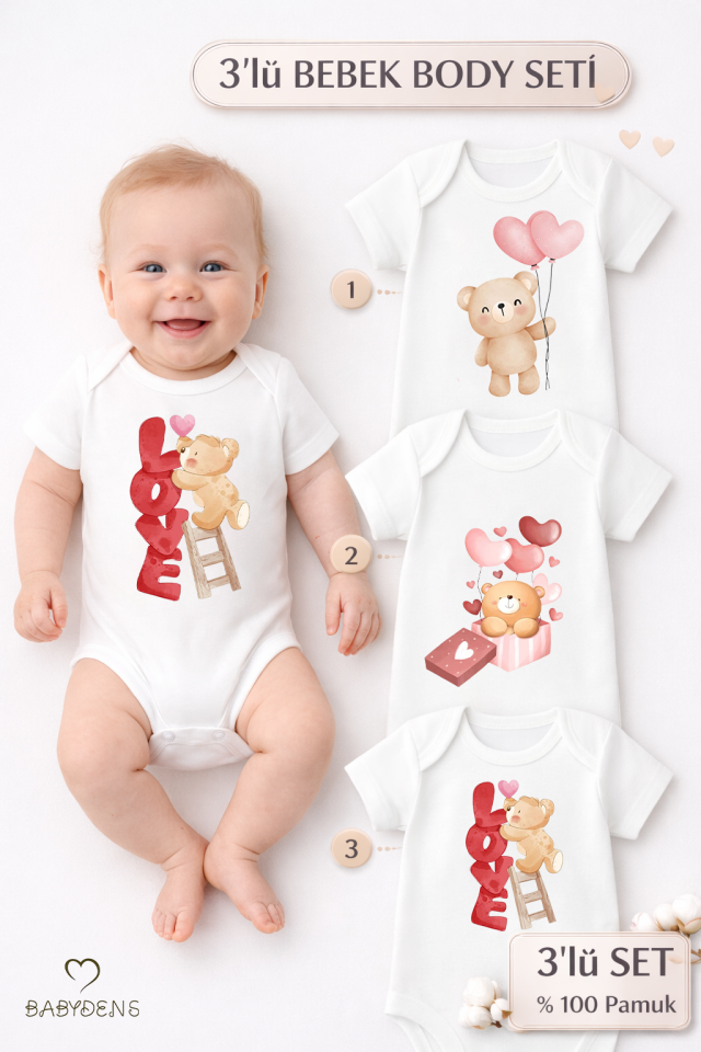 3’lü Bebek Body Seti %100 Pamuk Sevimli Ayıcık Baskılı Kısa Kollu Çıtçıtlı Zıbın Yenidoğan Body