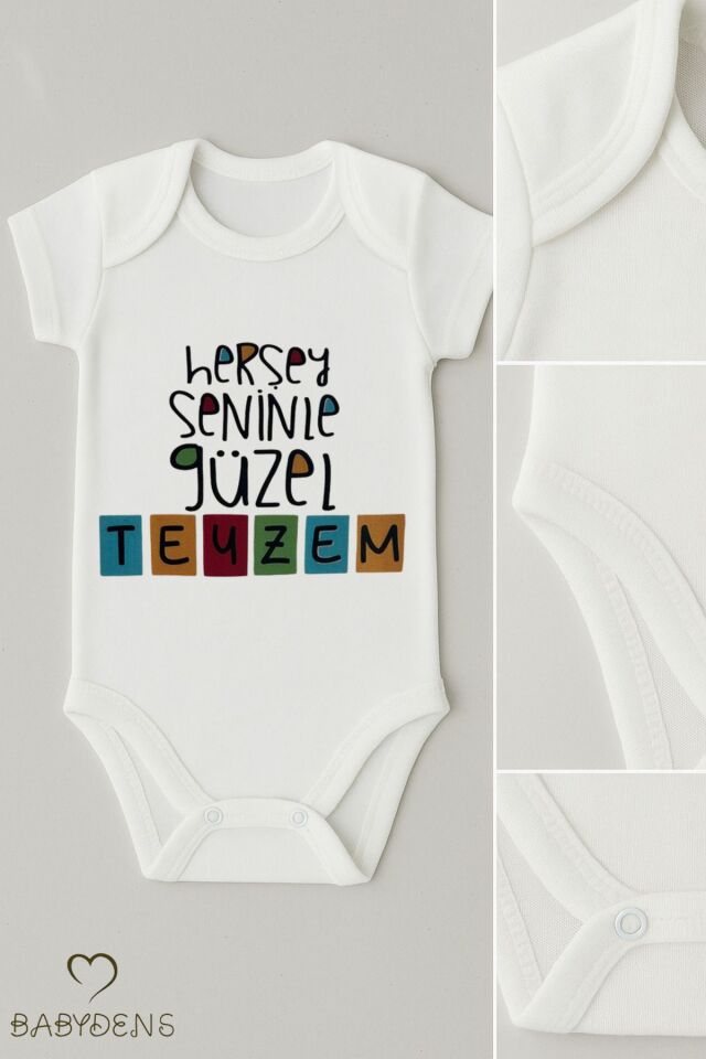 Her Şey Seninle Güzel Teyzem Yazılı Bebek Body Çıtçıtlı Zıbın Tulum %100 Pamuk Unisex Kısa Kollu