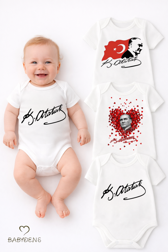 Atatürk İmzalı 3’lü Bebek Body Seti – %100 Pamuk, Kısa Kollu, Yenidoğan & Bebek Zıbın (0-24 Ay)