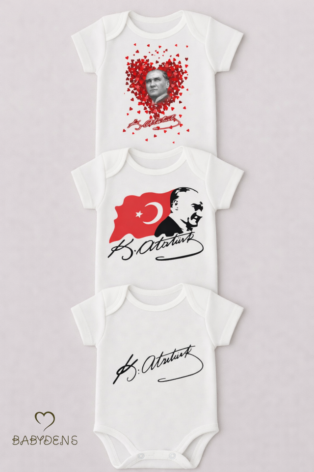 Atatürk İmzalı 3’lü Bebek Body Seti – %100 Pamuk, Kısa Kollu, Yenidoğan & Bebek Zıbın (0-24 Ay)