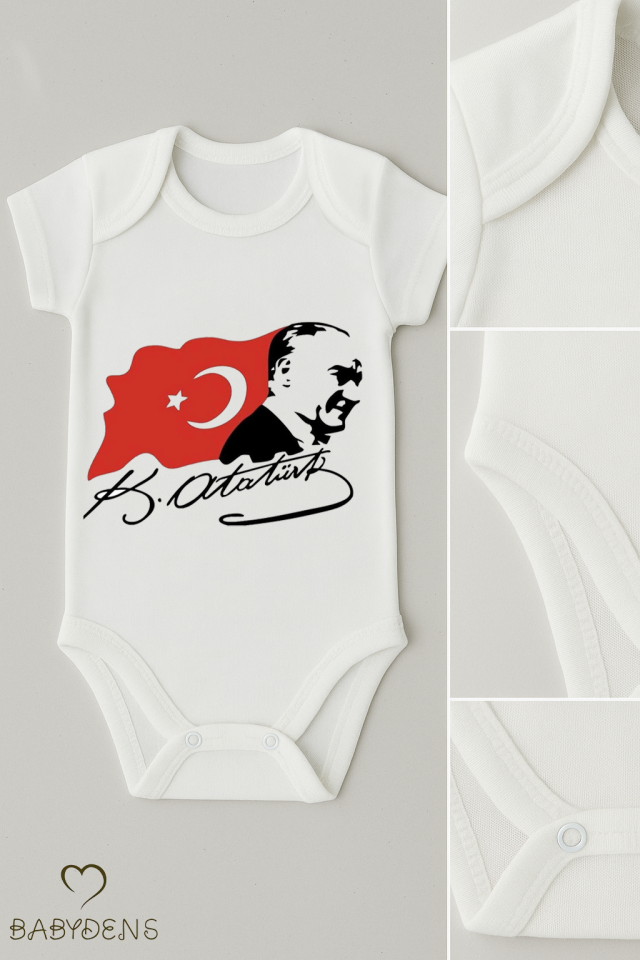 Atatürk İmzalı 3’lü Bebek Body Seti – %100 Pamuk, Kısa Kollu, Yenidoğan & Bebek Zıbın (0-24 Ay)