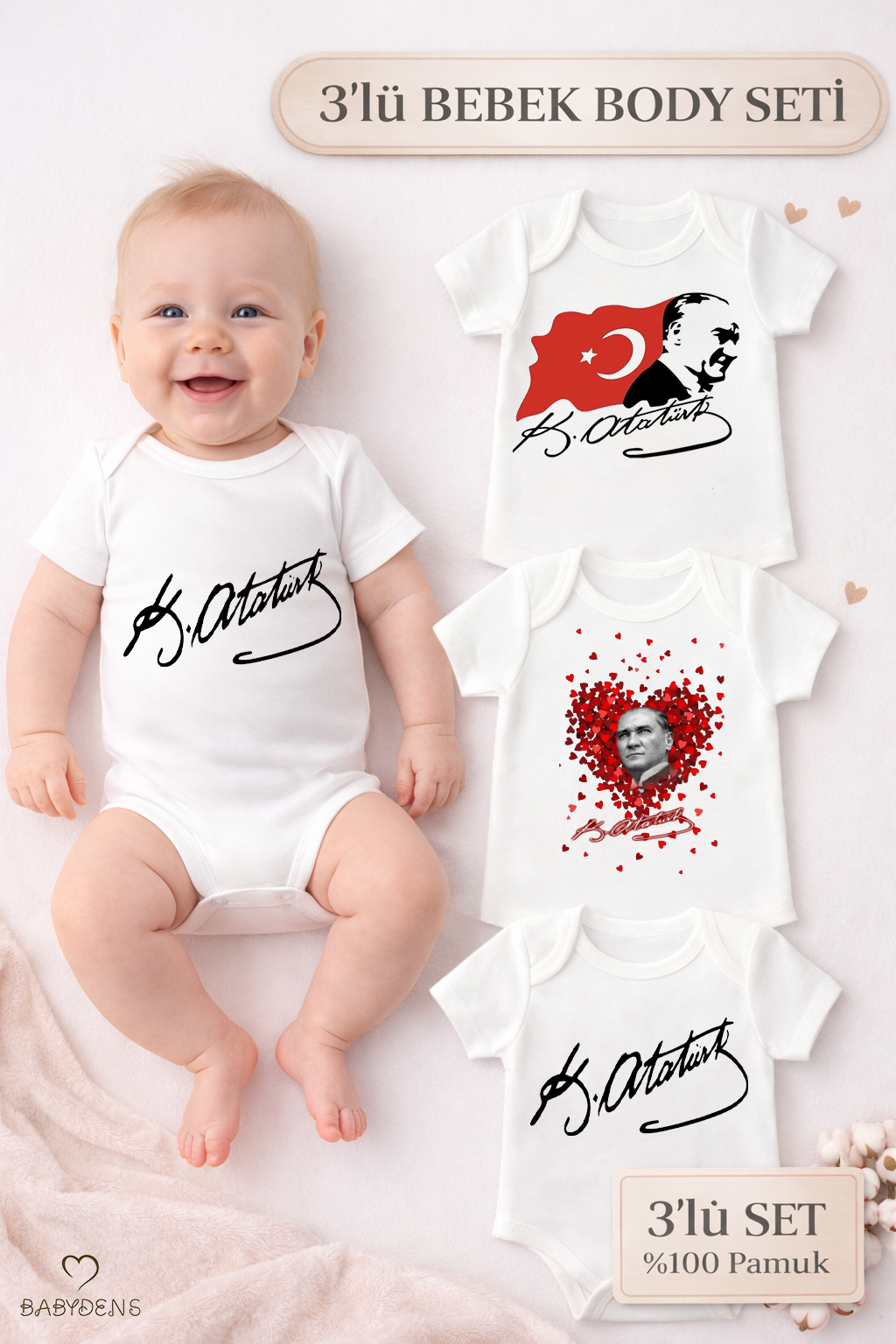 Atatürk İmzalı 3’lü Bebek Body Seti – %100 Pamuk, Kısa Kollu, Yenidoğan & Bebek Zıbın (0-24 Ay)