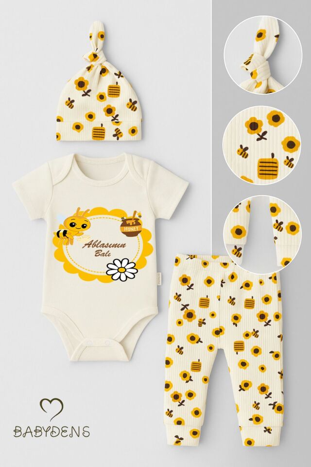 Ablasının Balı Yazılı 3’lü Bebek Takımı Kısa Kollu Çıtçıtlı Body, Arı Desenli Fitilli Pantolon, Bere