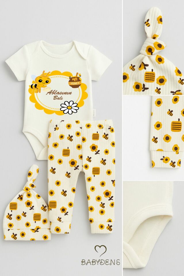 Ablasının Balı Yazılı 3’lü Bebek Takımı Kısa Kollu Çıtçıtlı Body, Arı Desenli Fitilli Pantolon, Bere