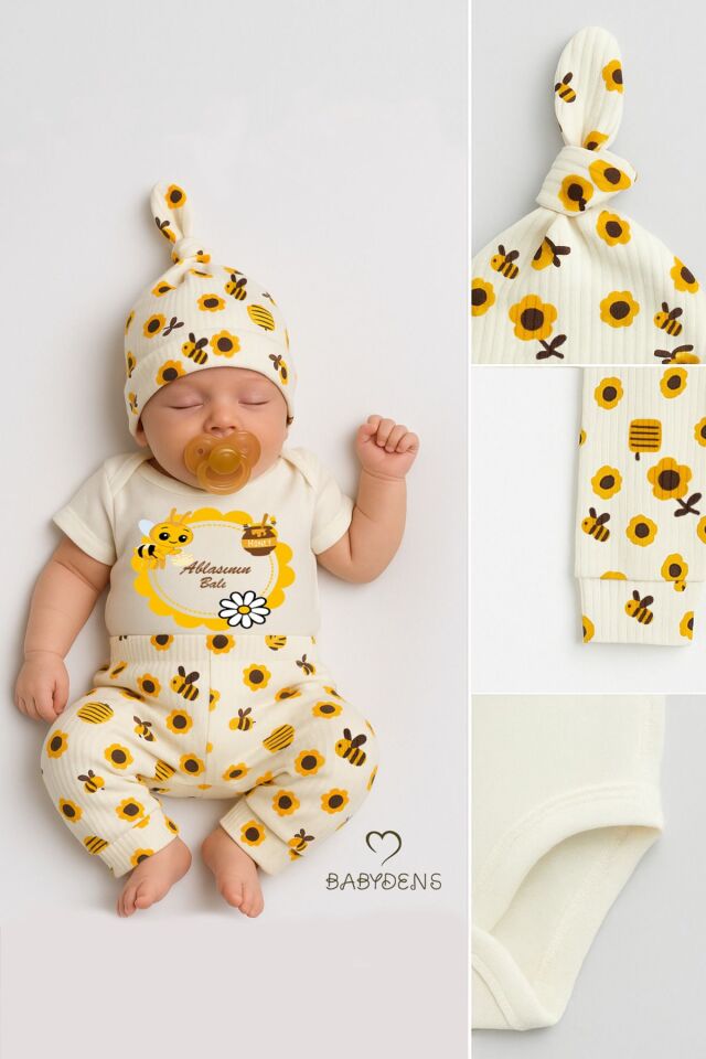 Ablasının Balı Yazılı 3’lü Bebek Takımı Kısa Kollu Çıtçıtlı Body, Arı Desenli Fitilli Pantolon, Bere