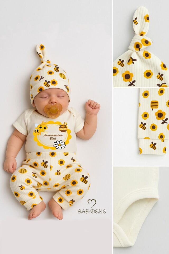 Anneannesinin Balı Yazılı 3’lü Bebek Takımı Kısa Kollu Çıtçıtlı Body,Arı Desenli Pantolon,Bere Seti