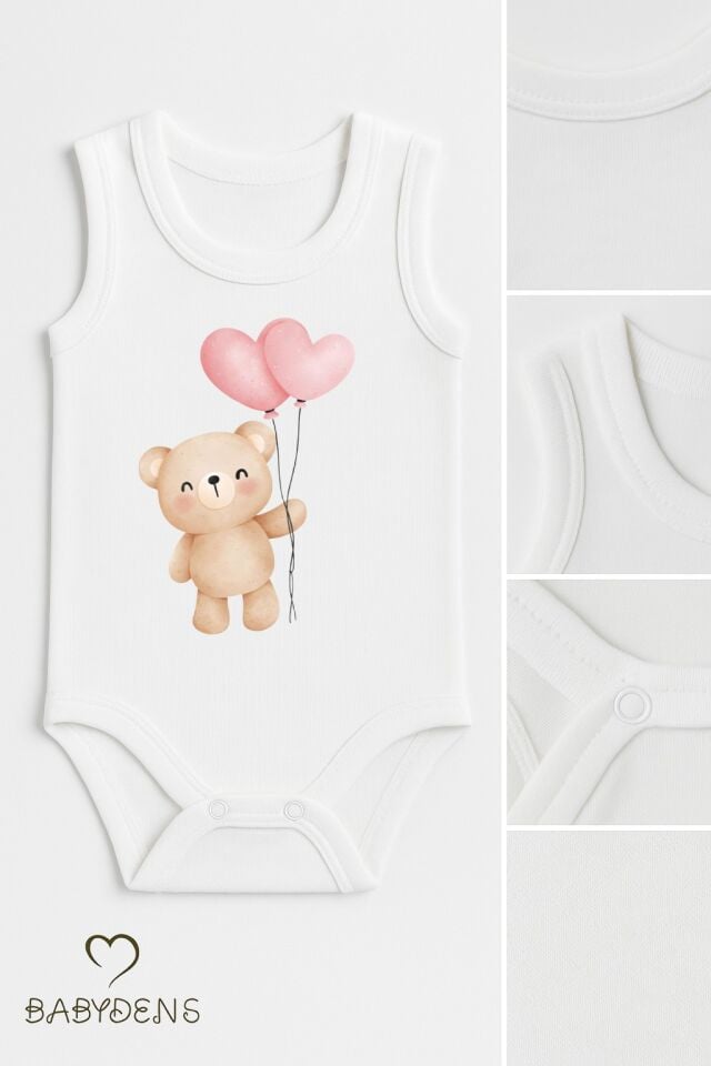 3’lü Bebek Body Seti %100 Pamuk Ayıcık Desenli Sevgililer Günü Bebek Body Kolsuz Çıtçıtlı Zıbın