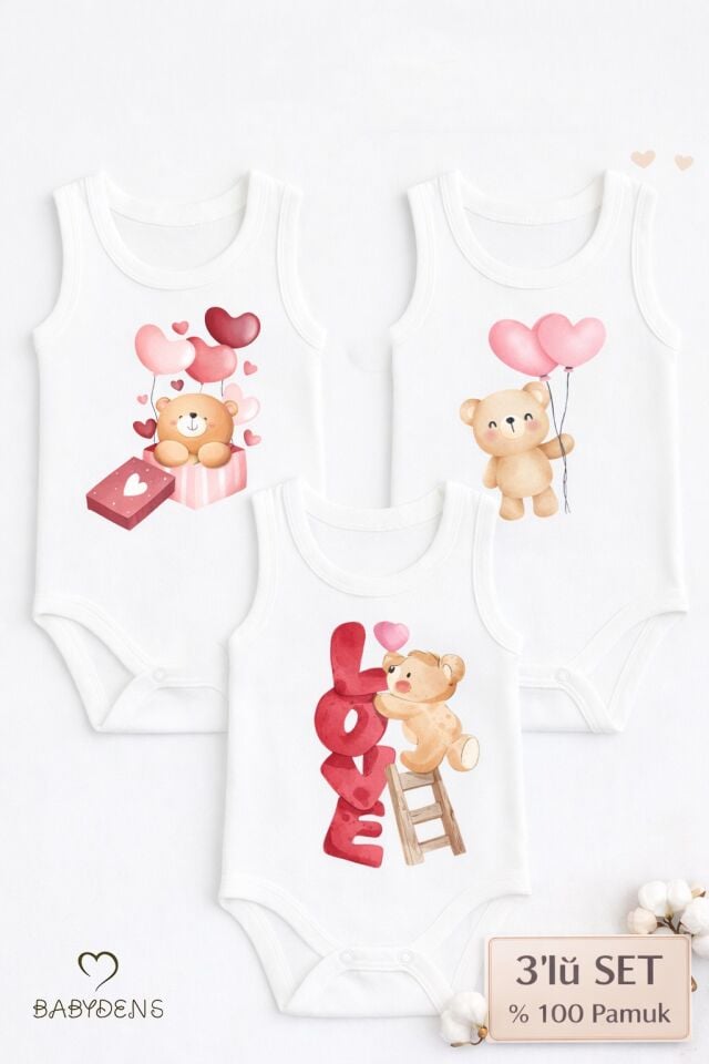 3’lü Bebek Body Seti %100 Pamuk Ayıcık Desenli Sevgililer Günü Bebek Body Kolsuz Çıtçıtlı Zıbın