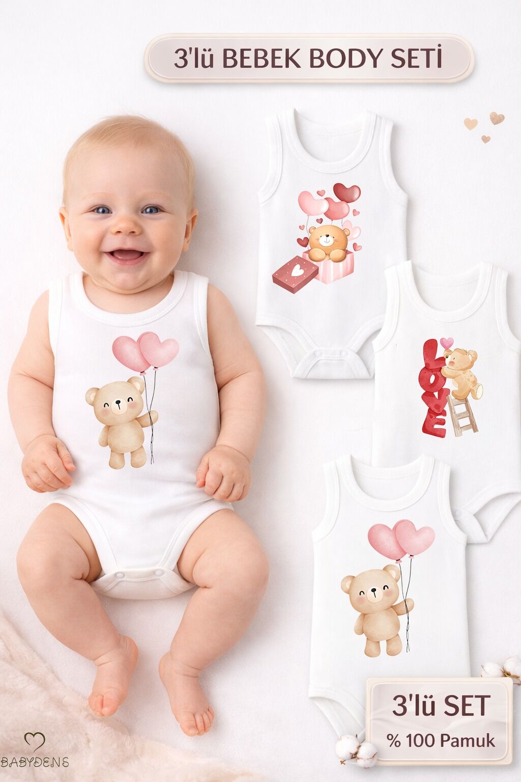 3’lü Bebek Body Seti %100 Pamuk Ayıcık Desenli Sevgililer Günü Bebek Body Kolsuz Çıtçıtlı Zıbın