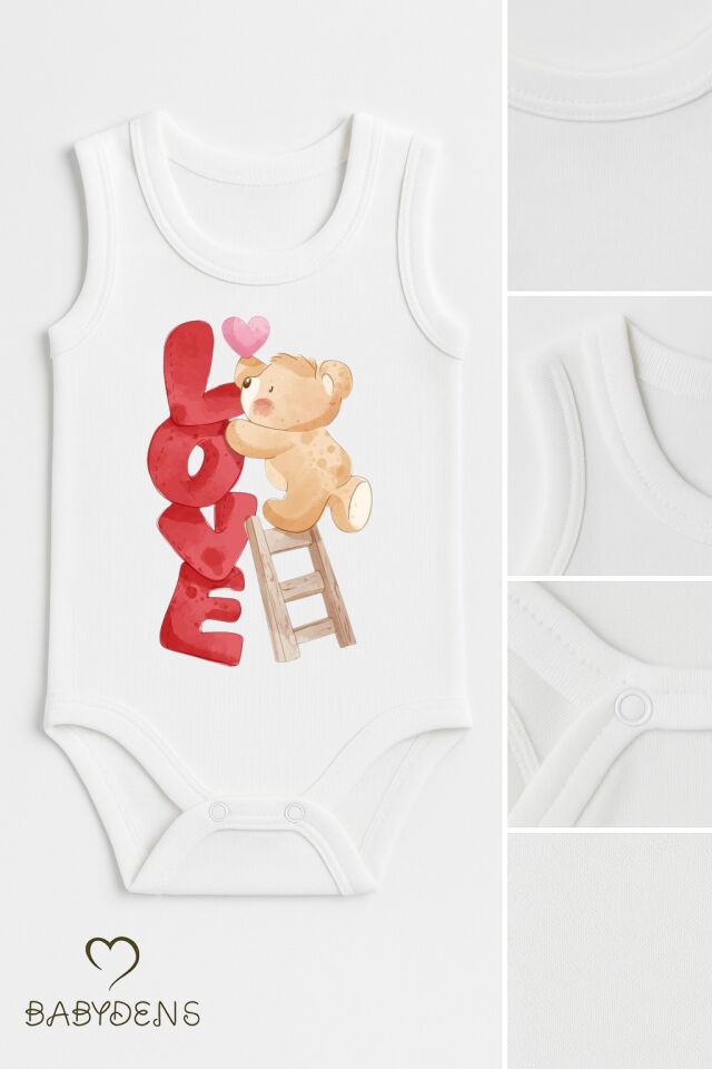 3’lü Bebek Body Seti %100 Pamuk Ayıcık Desenli Sevgililer Günü Bebek Body Kolsuz Çıtçıtlı Zıbın