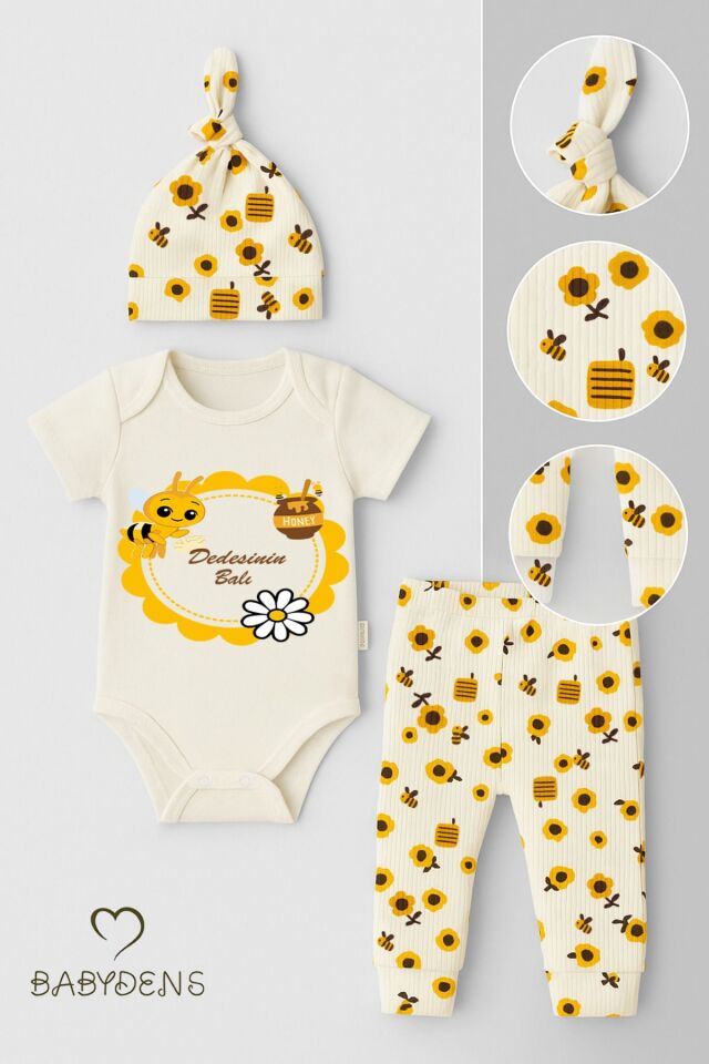 Dedesinin Balı Yazılı 3’lü Yenidoğan Bebek Takımı Kısa Kollu Çıtçıtlı Body,Arı Desenli Pantolon,Bere