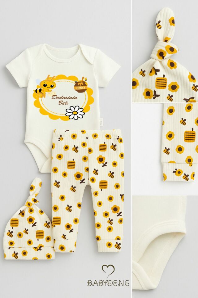 Dedesinin Balı Yazılı 3’lü Yenidoğan Bebek Takımı Kısa Kollu Çıtçıtlı Body,Arı Desenli Pantolon,Bere