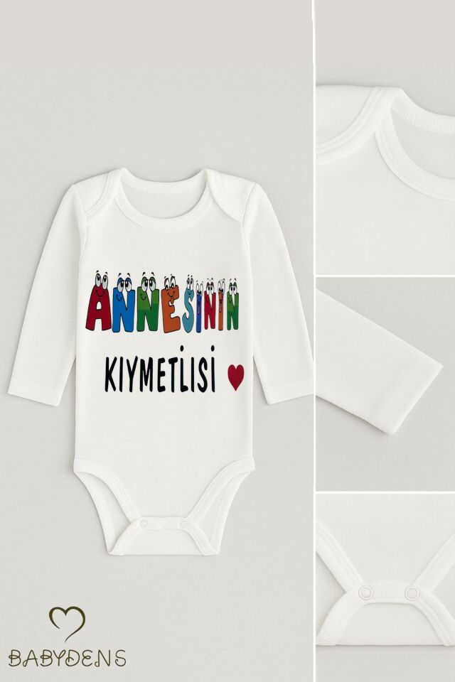 Annesinin Kıymetlisi Yazılı Uzun Kollu Çıtçıtlı Bebek Body Zıbın – %100 Pamuk, Unisex, 0-24 Ay 9 - 12 Ay