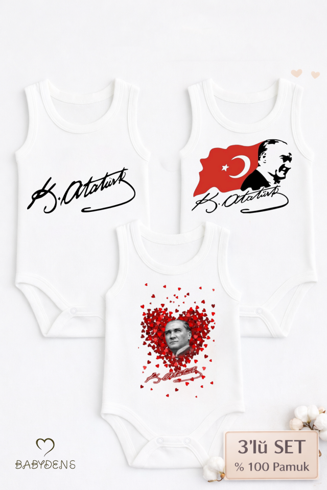 3’lü Atatürk Temalı Bebek Body Seti %100 Pamuk Kolsuz Çıtçıtlı Zıbın | Yenidoğan & Bebek Body Takımı
