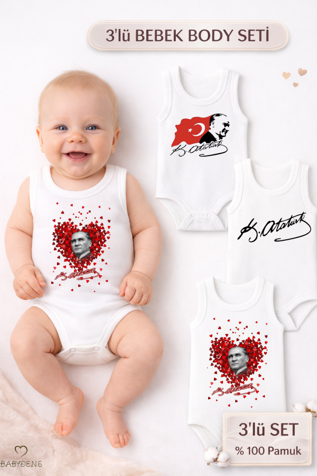 3’lü Atatürk Temalı Bebek Body Seti %100 Pamuk Kolsuz Çıtçıtlı Zıbın | Yenidoğan & Bebek Body Takımı