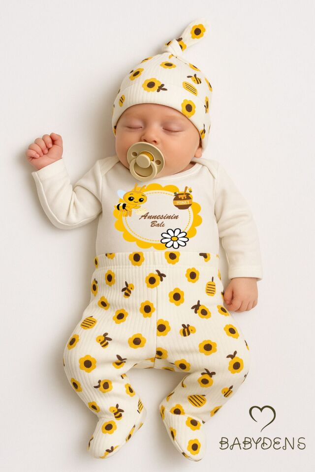 Annesinin Balı Yazılı 3'lü Bebek Takımı Arı Desenli Patikli Alt,Bere,Çıtçıtlı Uzun Kollu Zıbın Body