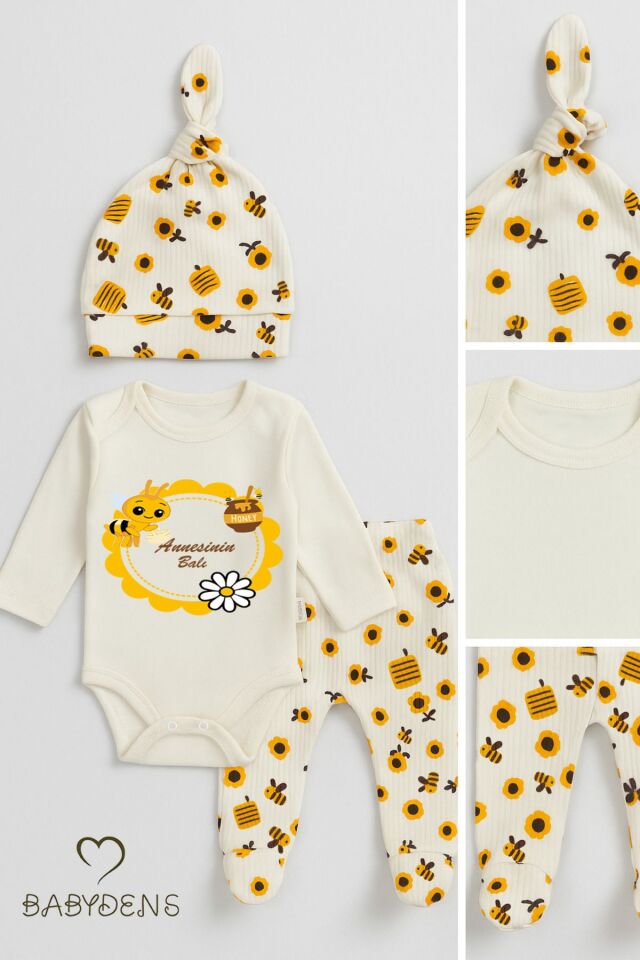 Annesinin Balı Yazılı 3'lü Bebek Takımı Arı Desenli Patikli Alt,Bere,Çıtçıtlı Uzun Kollu Zıbın Body