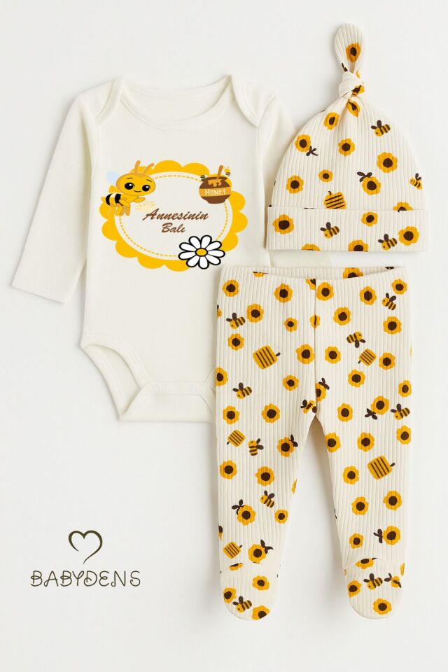 Annesinin Balı Yazılı 3'lü Bebek Takımı Arı Desenli Patikli Alt,Bere,Çıtçıtlı Uzun Kollu Zıbın Body